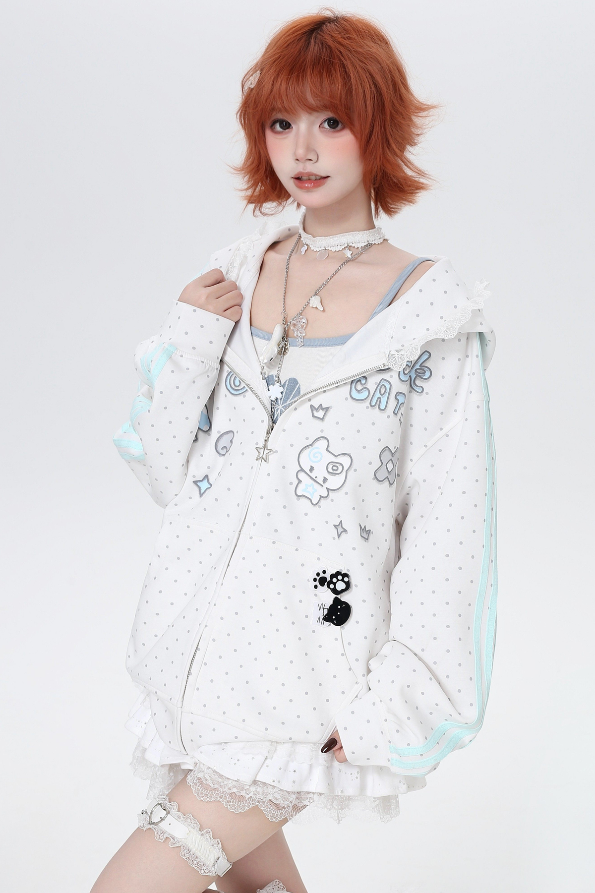 Polka Dot Loose Fit Hoodie Jacket