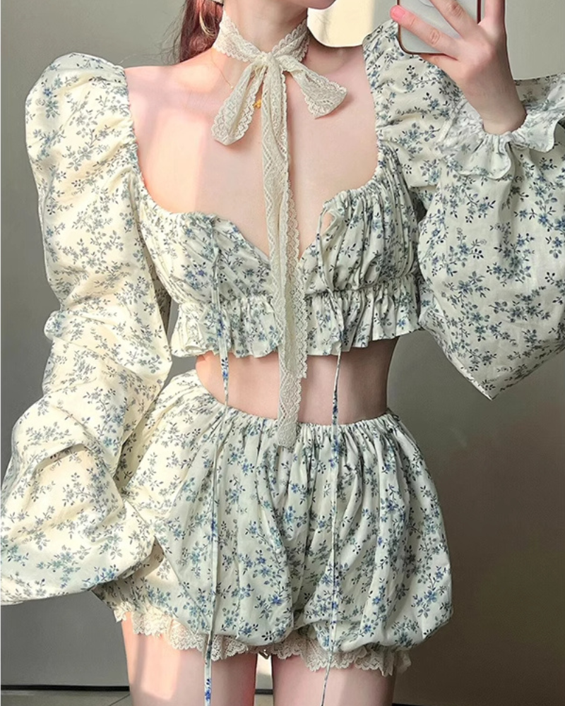 French Sweet Floral Chic Puff Coord