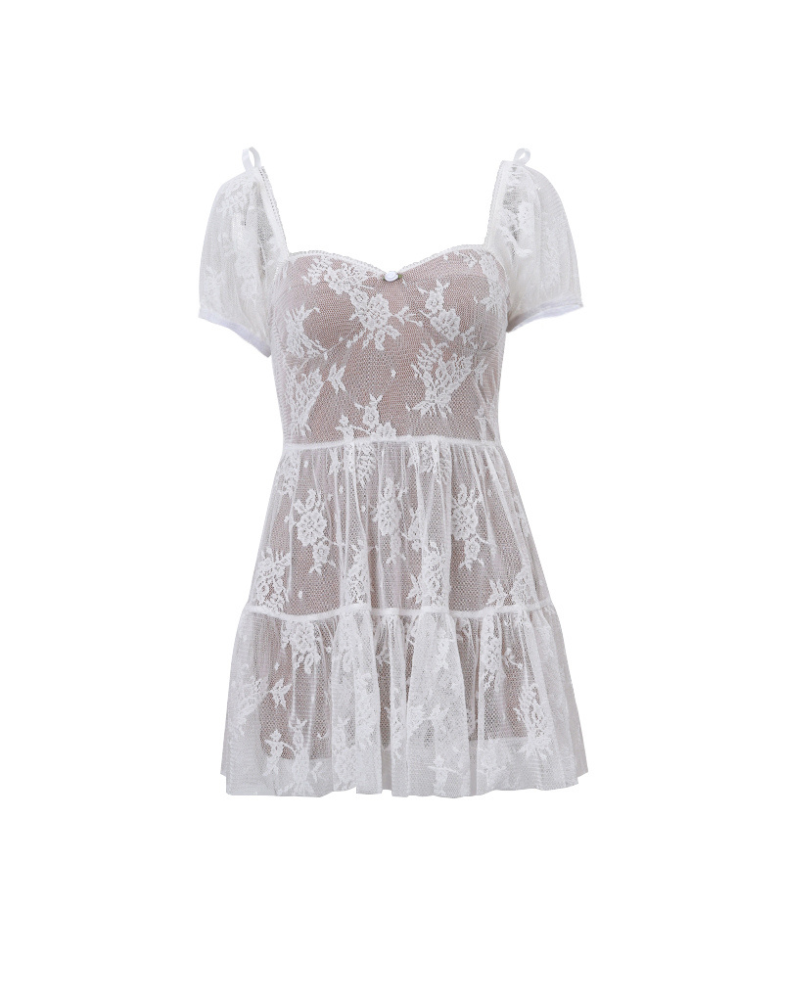 French Lace Square Neck Slim Puff Mini Coquette Dress