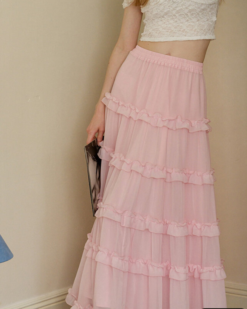 Pink Ruffled Cake Maxi Skirt