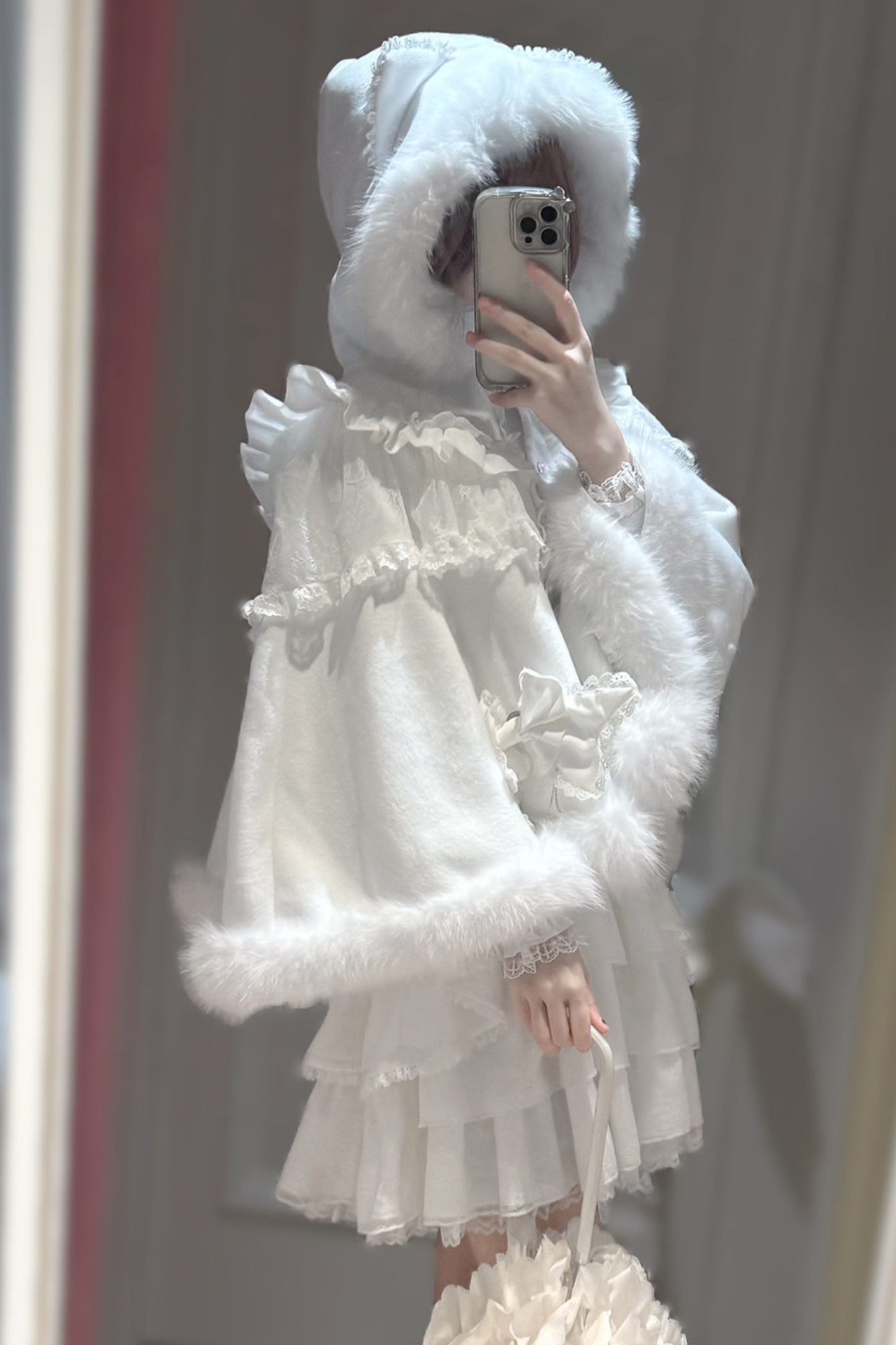 Snow Cat Hooded Cape Coat + Shirt + Skirt