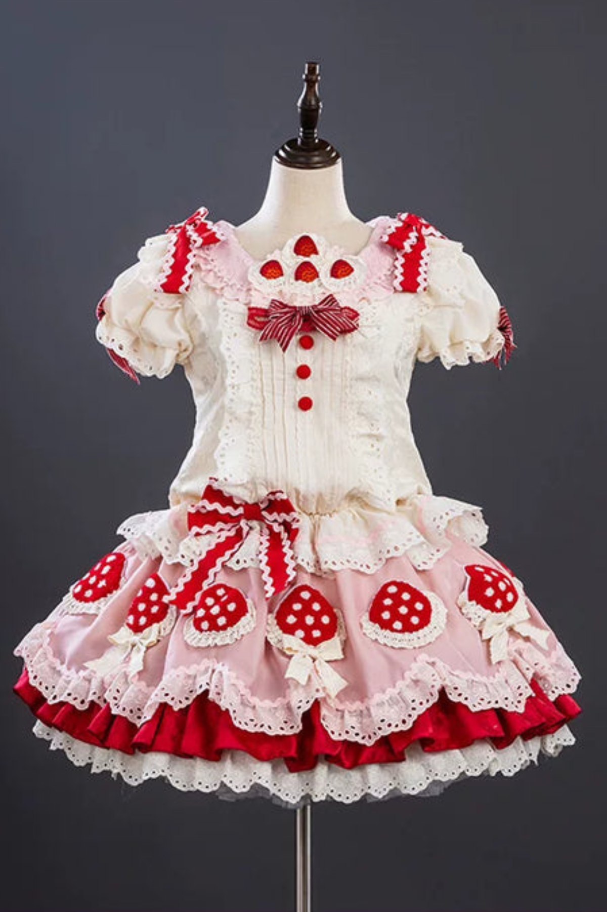 Strawberry Fantasy Lolita Dress + Jumper Skirt + Ribbon + Sleeves + Bonnet White［Doll Dress］