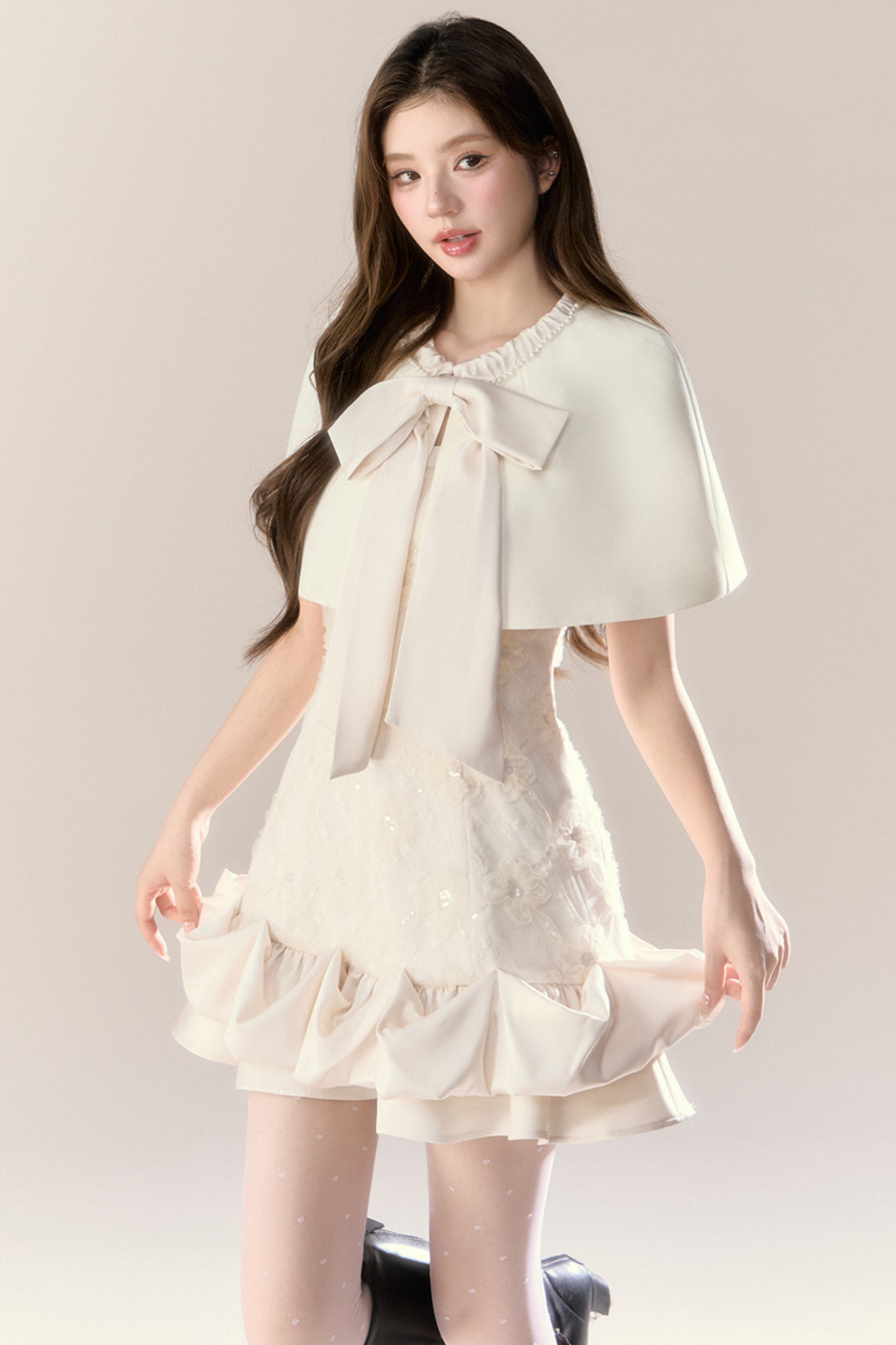 Frill Girly Pure Sleeveless Dress + Ribbon Cape