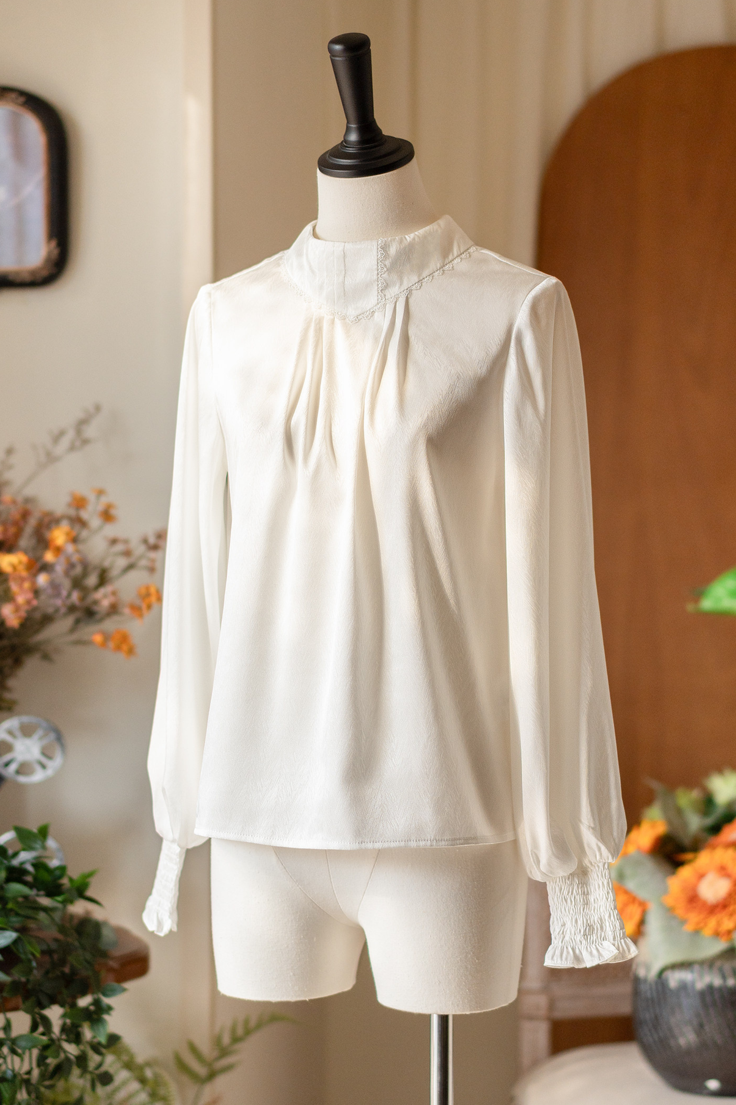Retro Satin Bow Tie Blouse