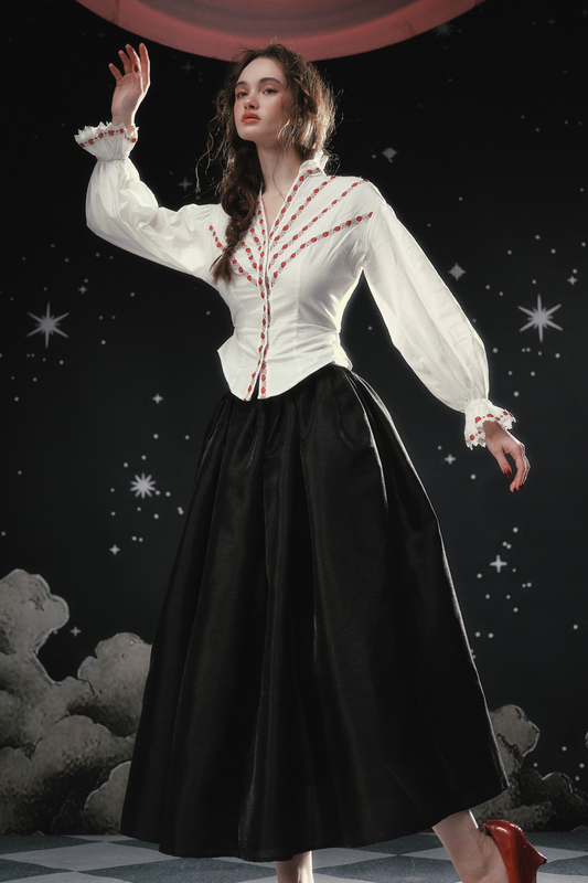 Lace Maid French Cotton Blouse + Flare Skirt