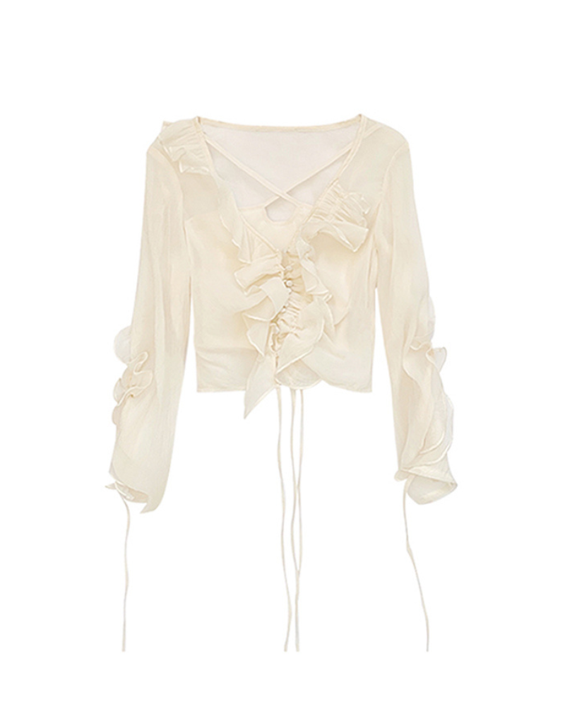 Mesh Clear Ruffle Long-sleeved Coquette Top