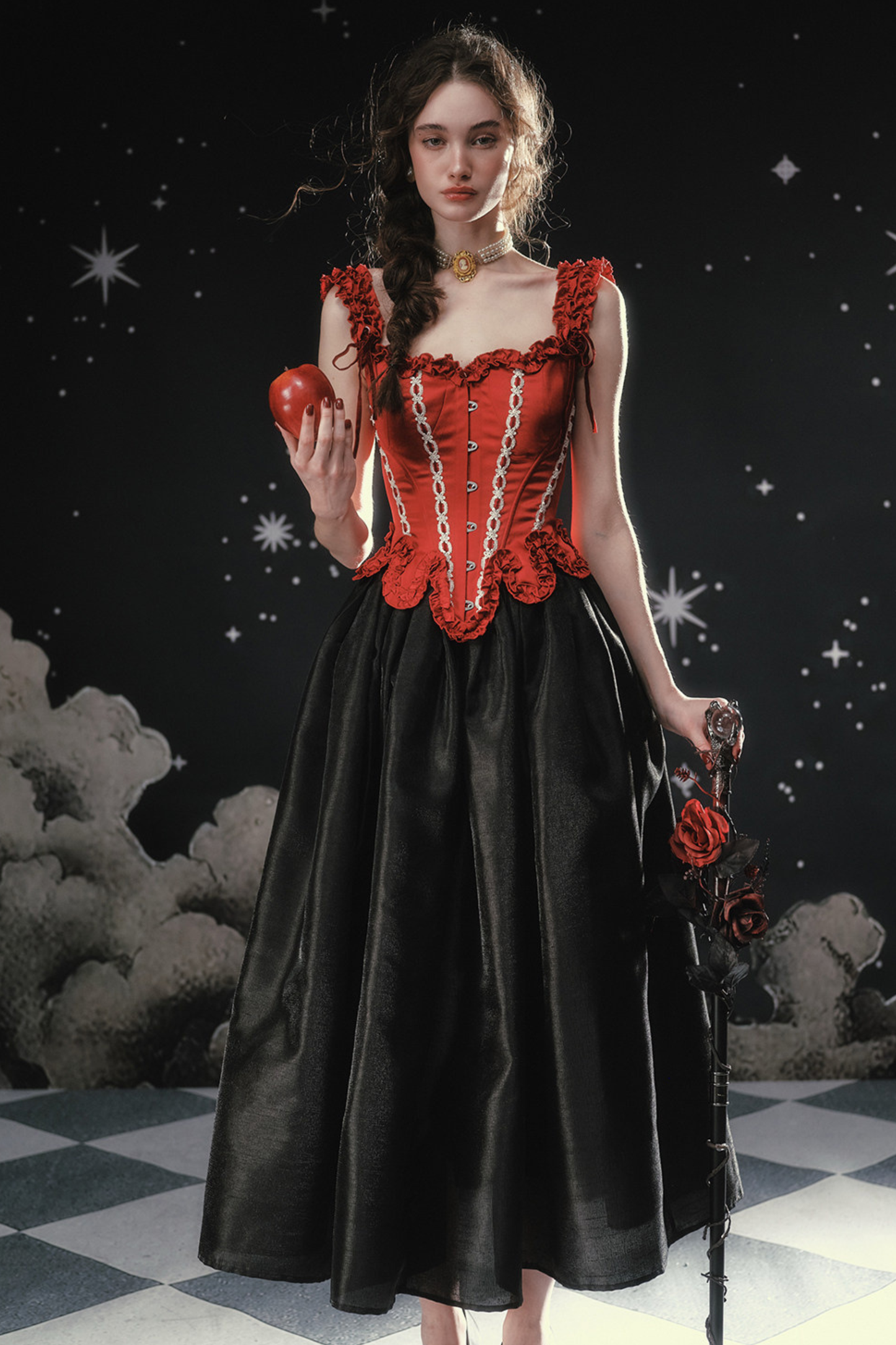 Lace Maid Retro Red Corset Top + Flare Skirt