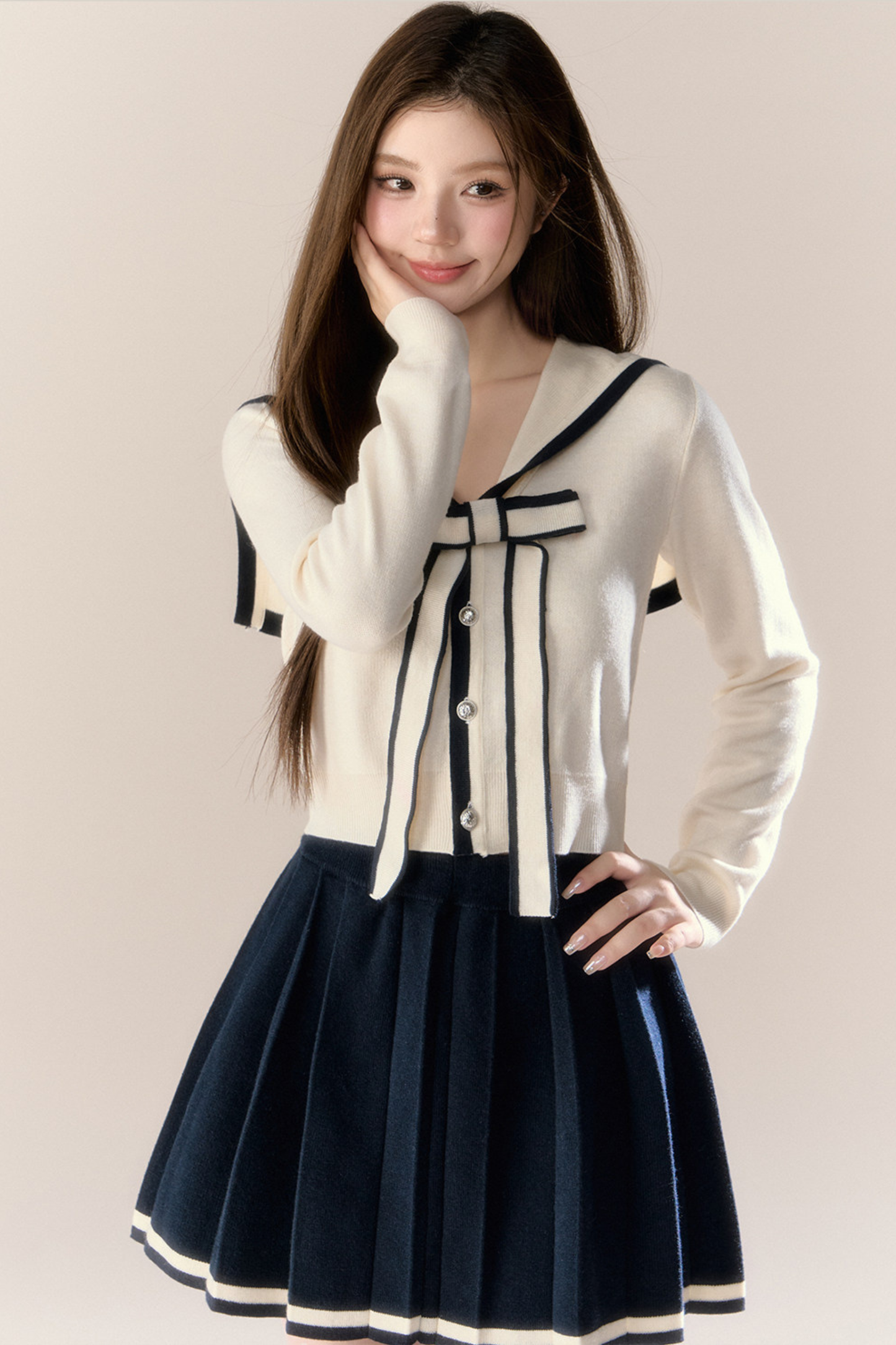 Sailor Ribbon Cardigan + Pleated Skirt