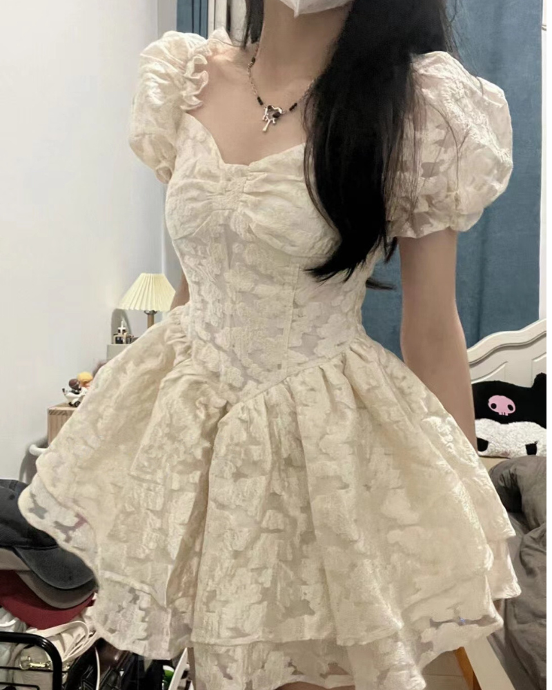 Jacquard Vintage Puff Sleeve Princess Mini Corset Dress