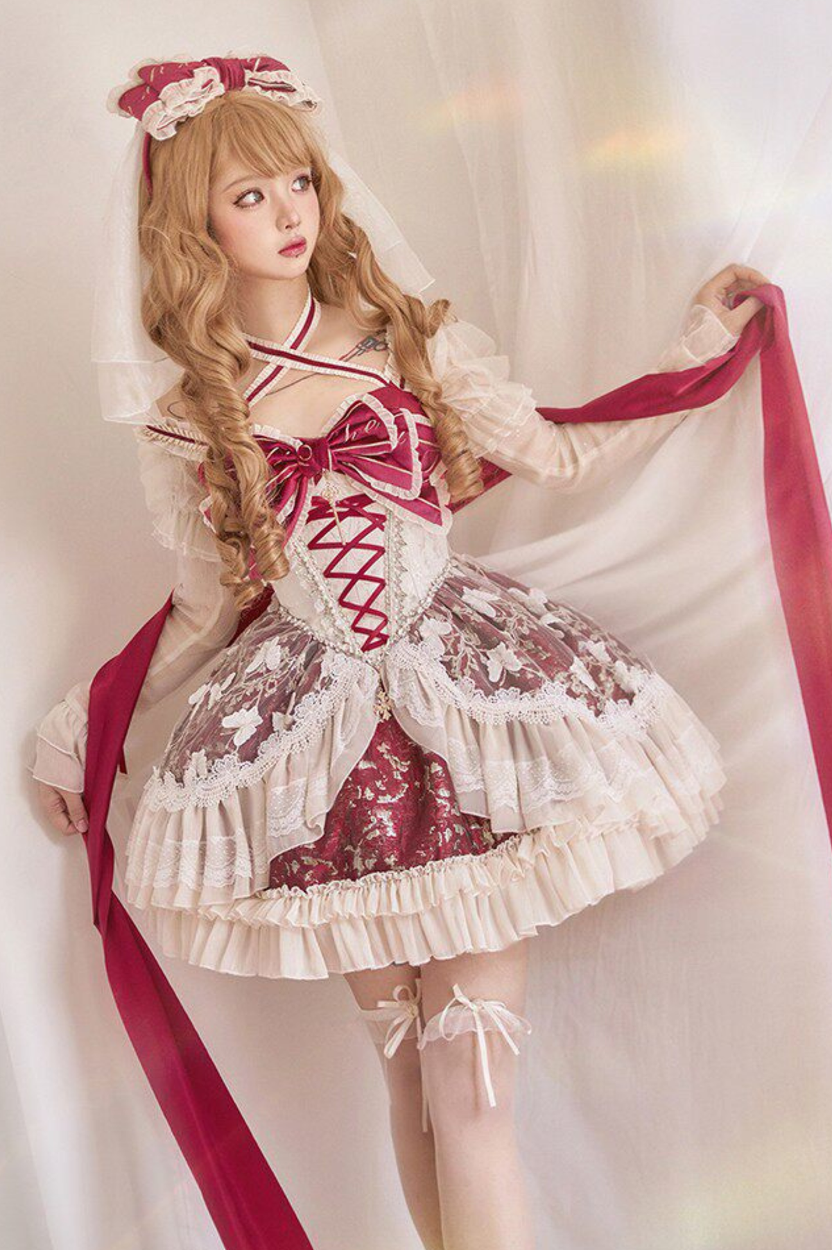 Sweet Baroque Lolita Dress + Veil + Ribbon + Headband + Tail + Sleeves