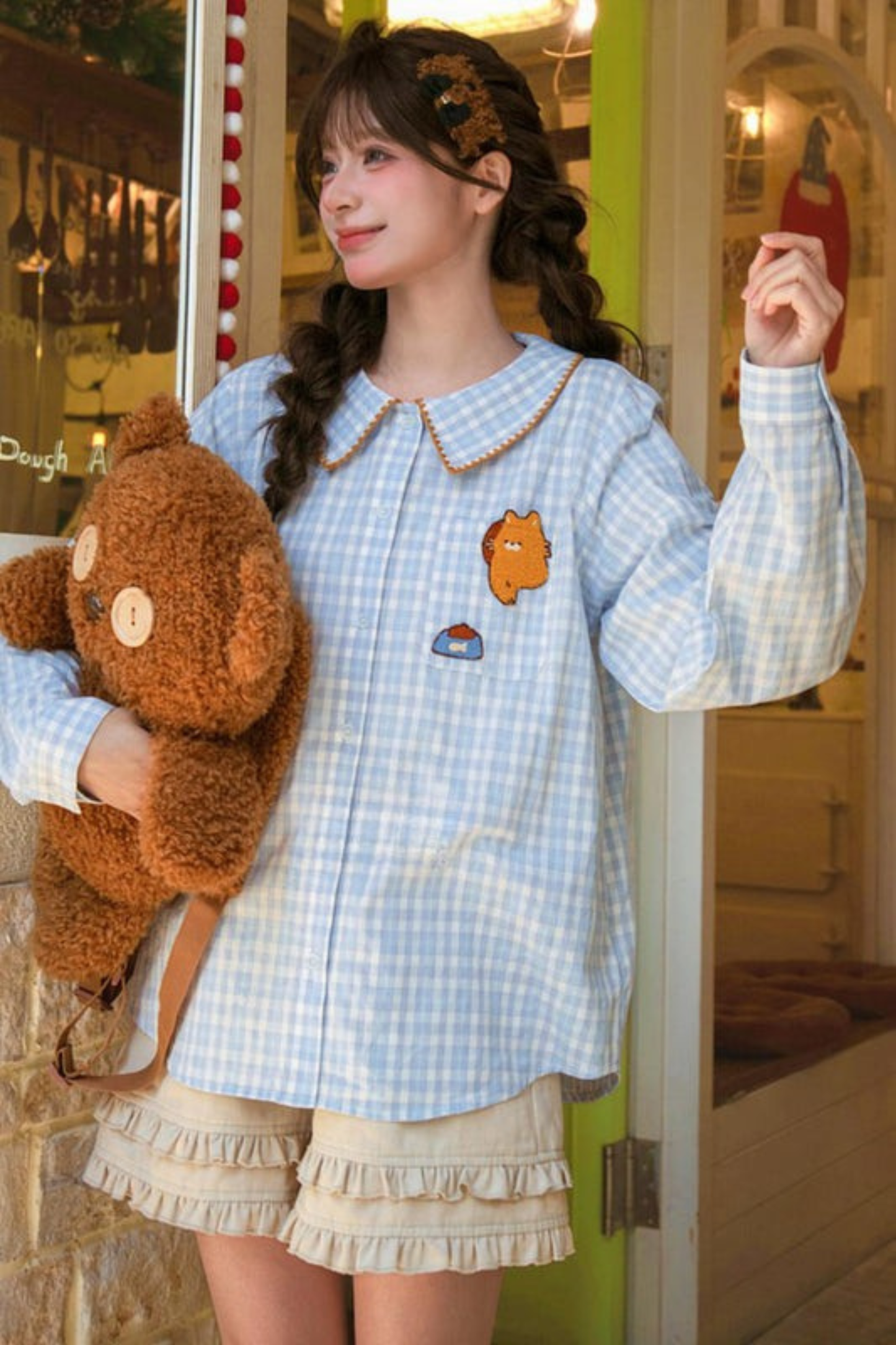 Cat Embroidered Plaid Blouse