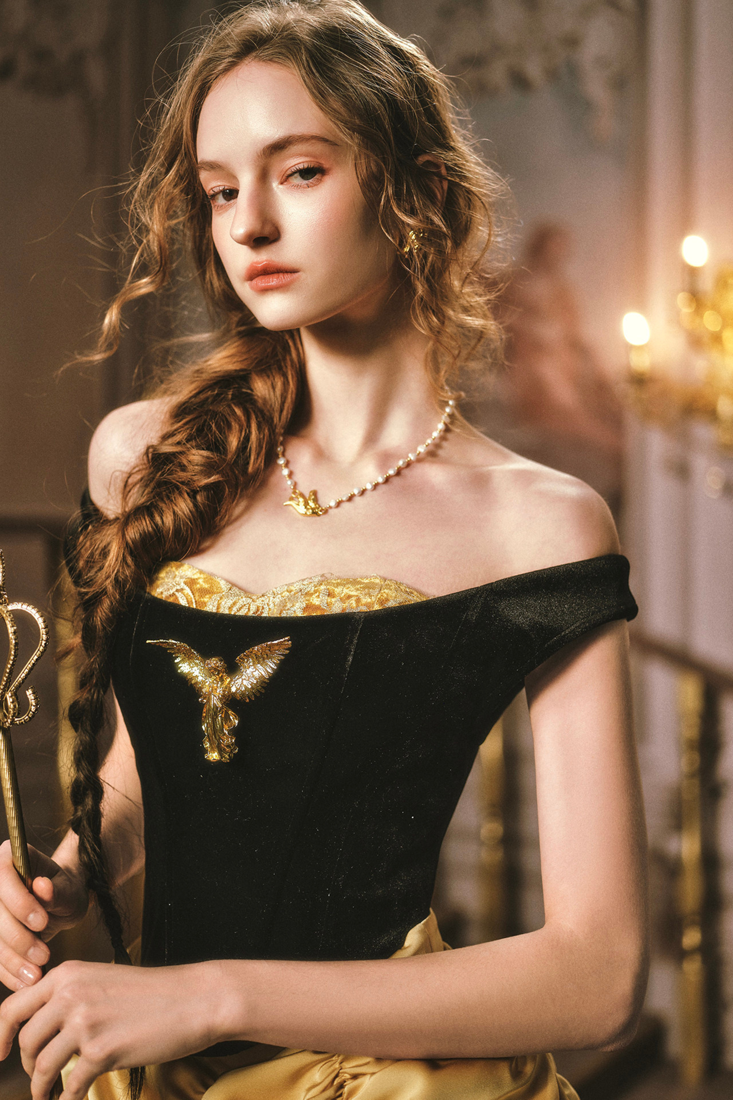 Golden Eagle Lace Corset Top + Skirt + Brooch