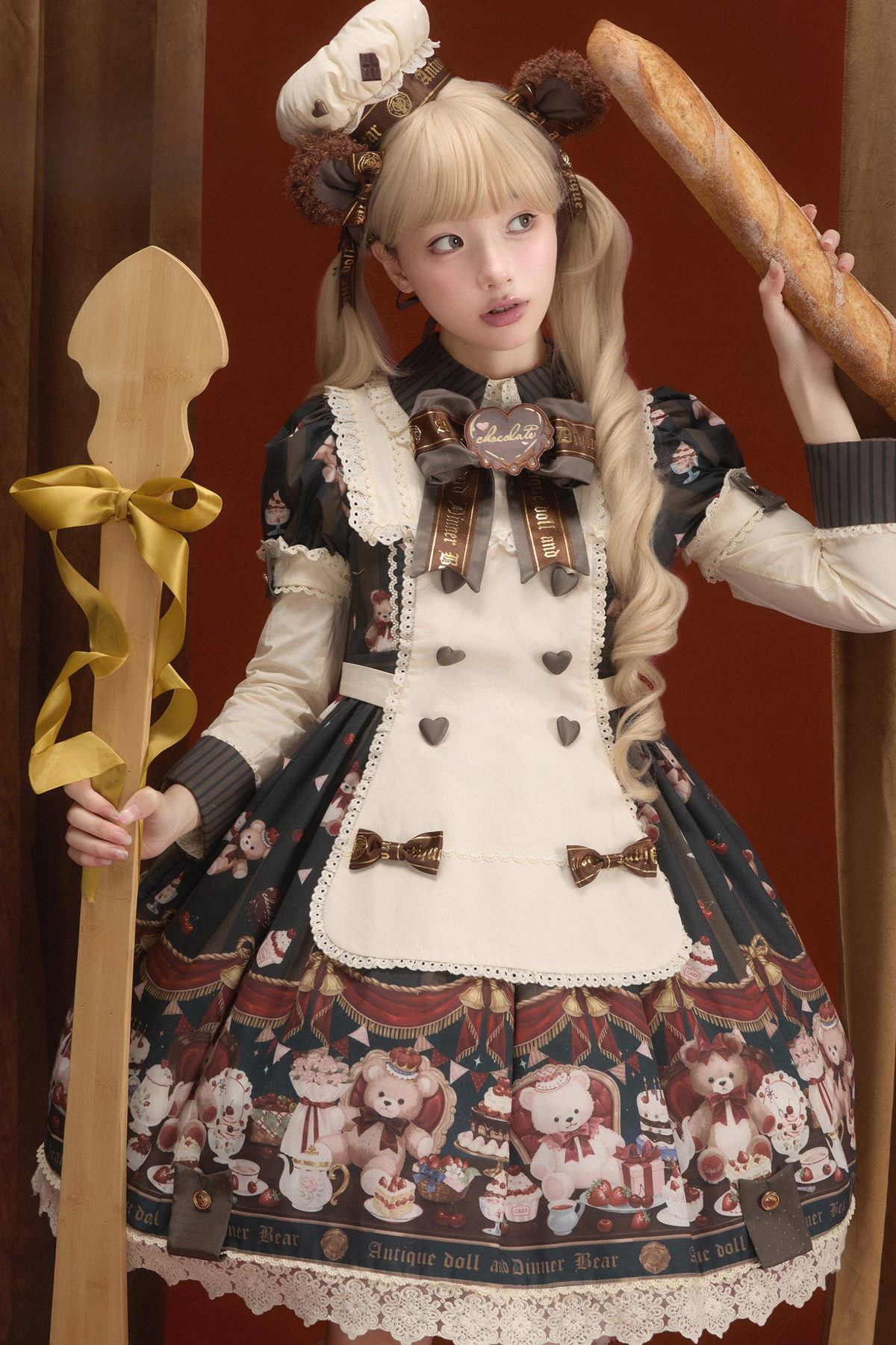 Antique Bear Chef Lolita Dress + Apron + Sleeves + Headband + Brooch + Hair Clip + Hat
