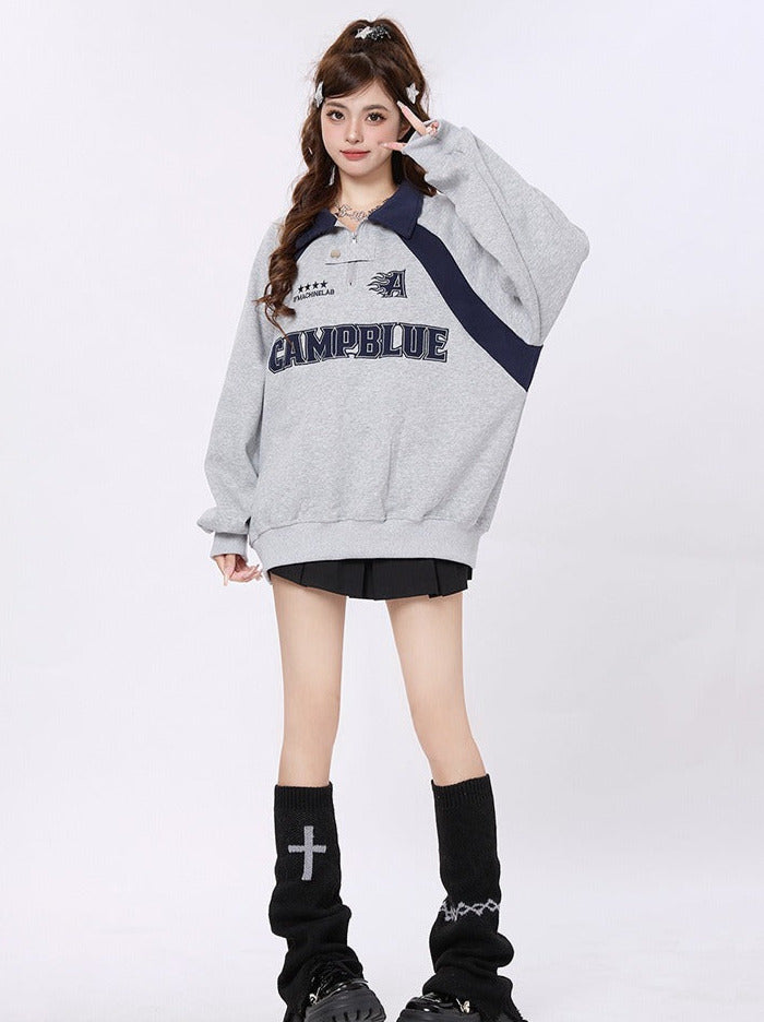 American Retro Block Color Polo Collar Loose Sweatshirt