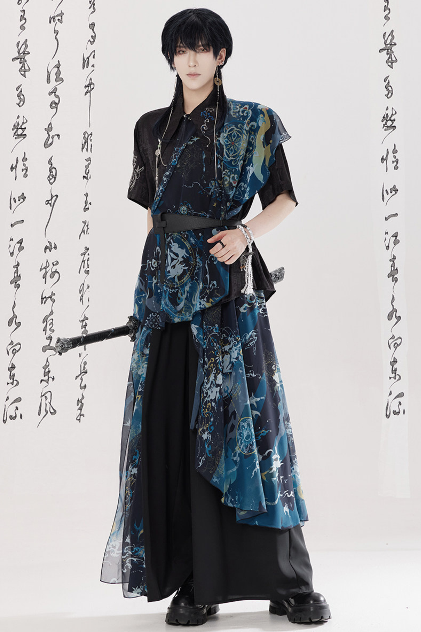 Dark China Shirt + Wide Leg Pants + Chain + Belt