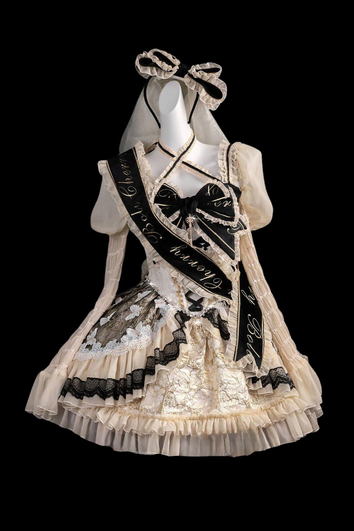 Sweet Baroque Lolita Dress + Veil + Ribbon + Headband + Tail + Sleeves Black (Set)