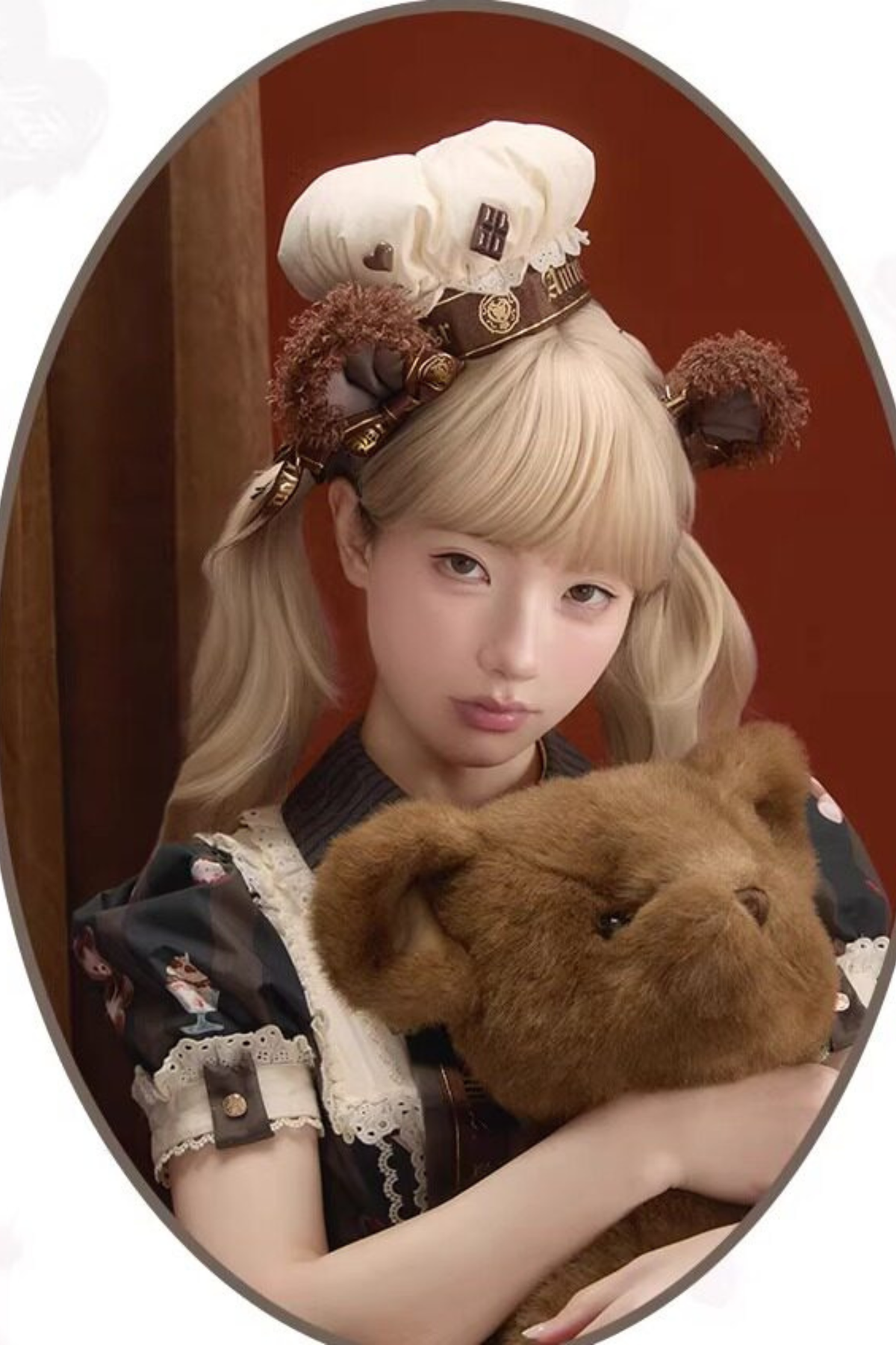 Antique Bear Chef Lolita Dress + Apron + Sleeves + Headband + Brooch + Hair Clip + Hat Brown［BearHat ］ S