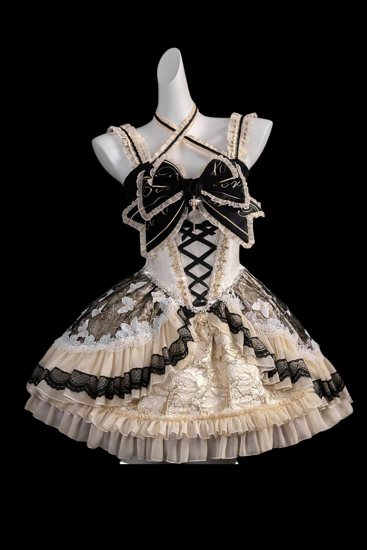 Sweet Baroque Lolita Dress + Veil + Ribbon + Headband + Tail + Sleeves Black (Dress)