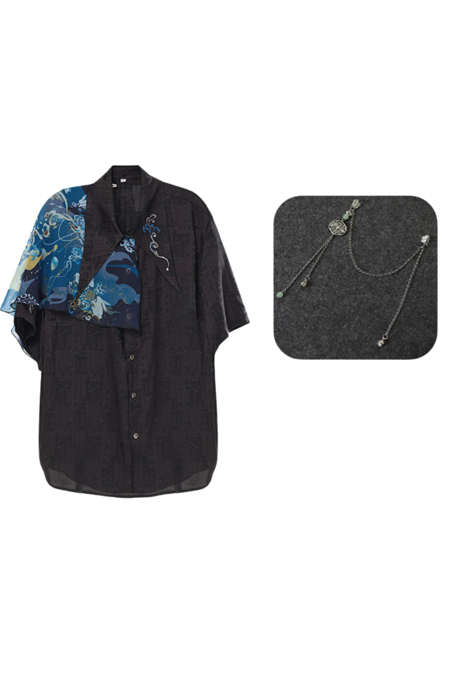 Dark China Shirt + Wide Leg Pants + Chain + Belt
