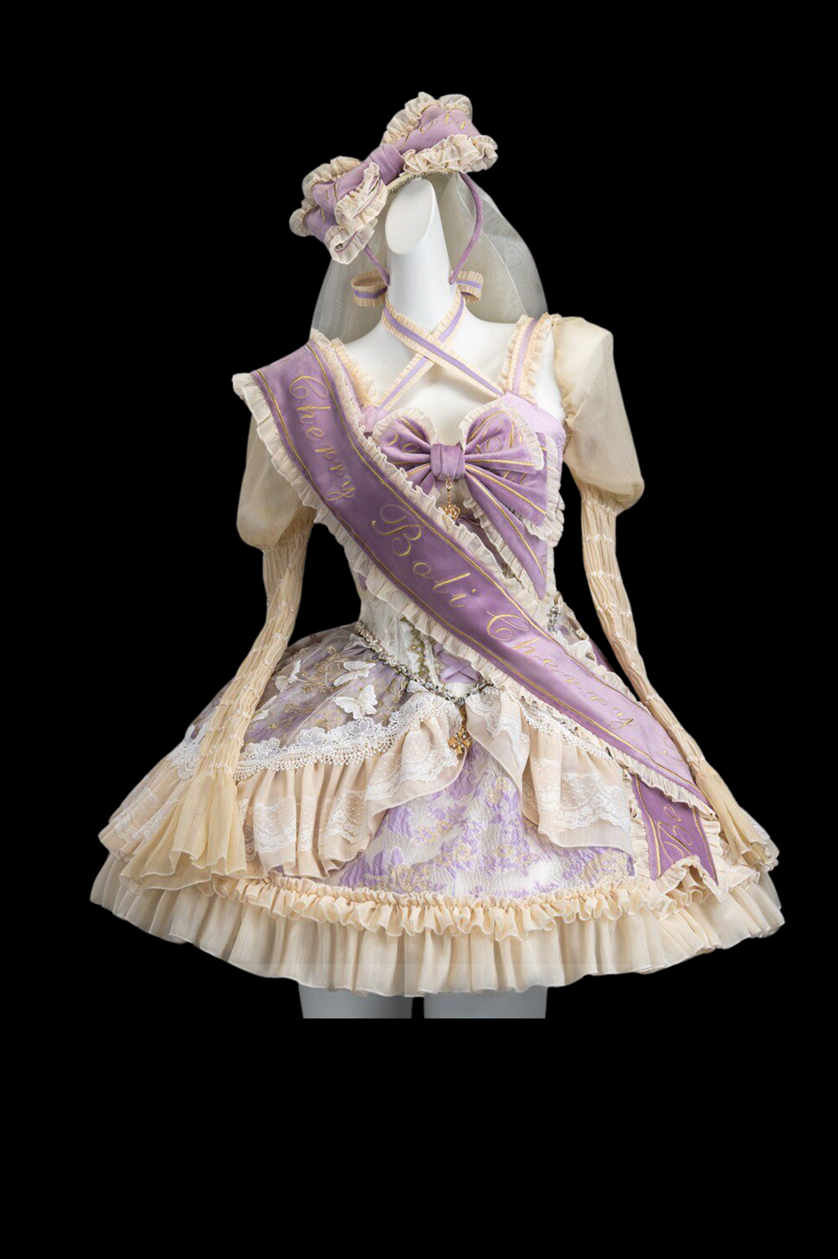 Sweet Baroque Lolita Dress + Veil + Ribbon + Headband + Tail + Sleeves Purple (Set)