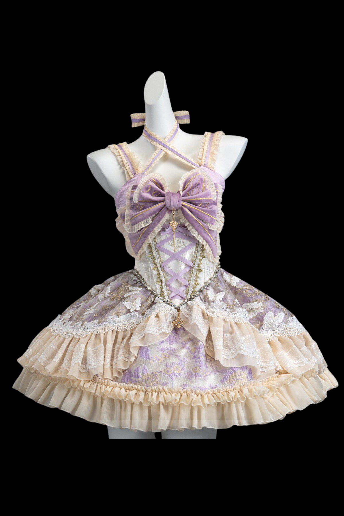 Sweet Baroque Lolita Dress + Veil + Ribbon + Headband + Tail + Sleeves Purple (Dress)