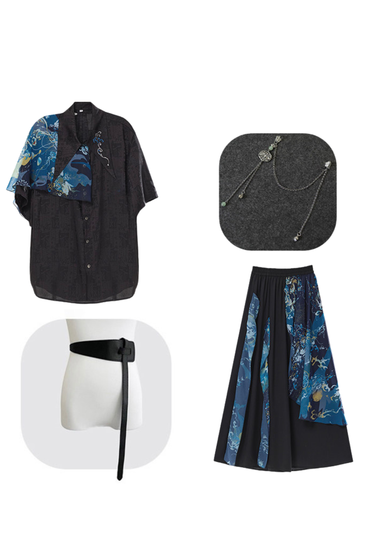 Dark China Shirt + Wide Leg Pants + Chain + Belt