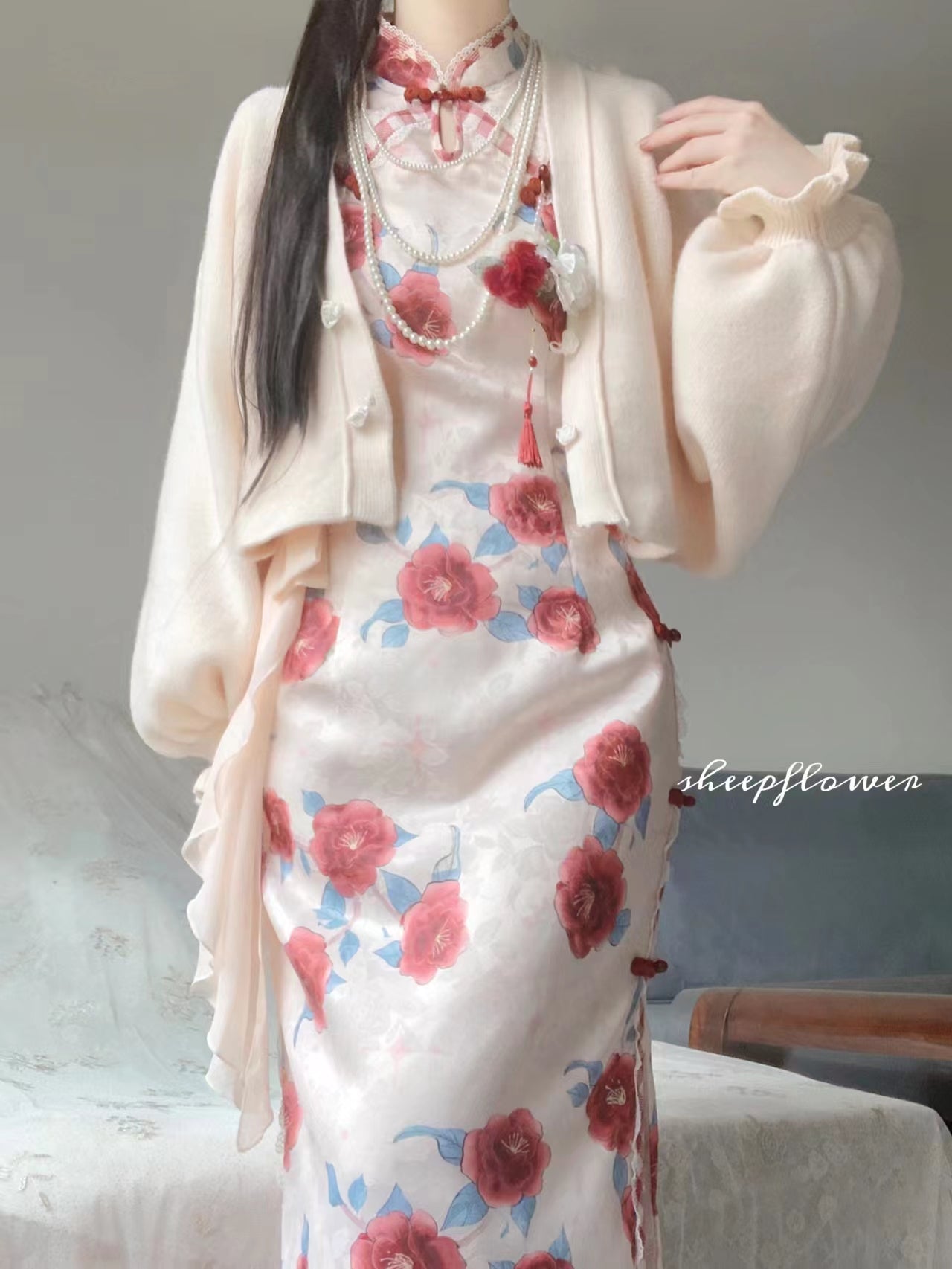 Rose Print Lace Hem Cheongsam Dress