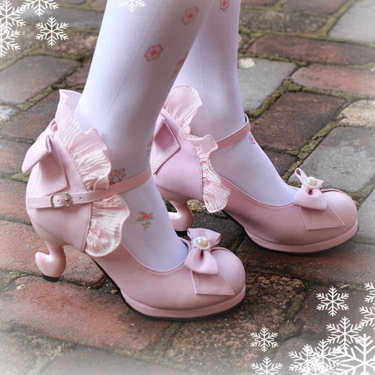 Bowknot Strappy Ruffle PU Sweet Lolita Shoes 5 Colors Pink