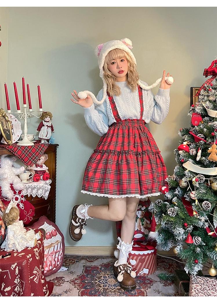 Christmas Vintage Lolita Skirts Doll Collar Blouse Plaid Skirt Set