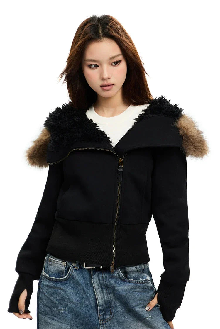Zip-Up Hoodie with White Faux Fur Hood Trim