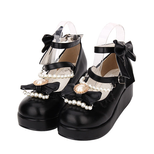Round toe Bowknot Pearl Chain Classic Lolita Shoes Black