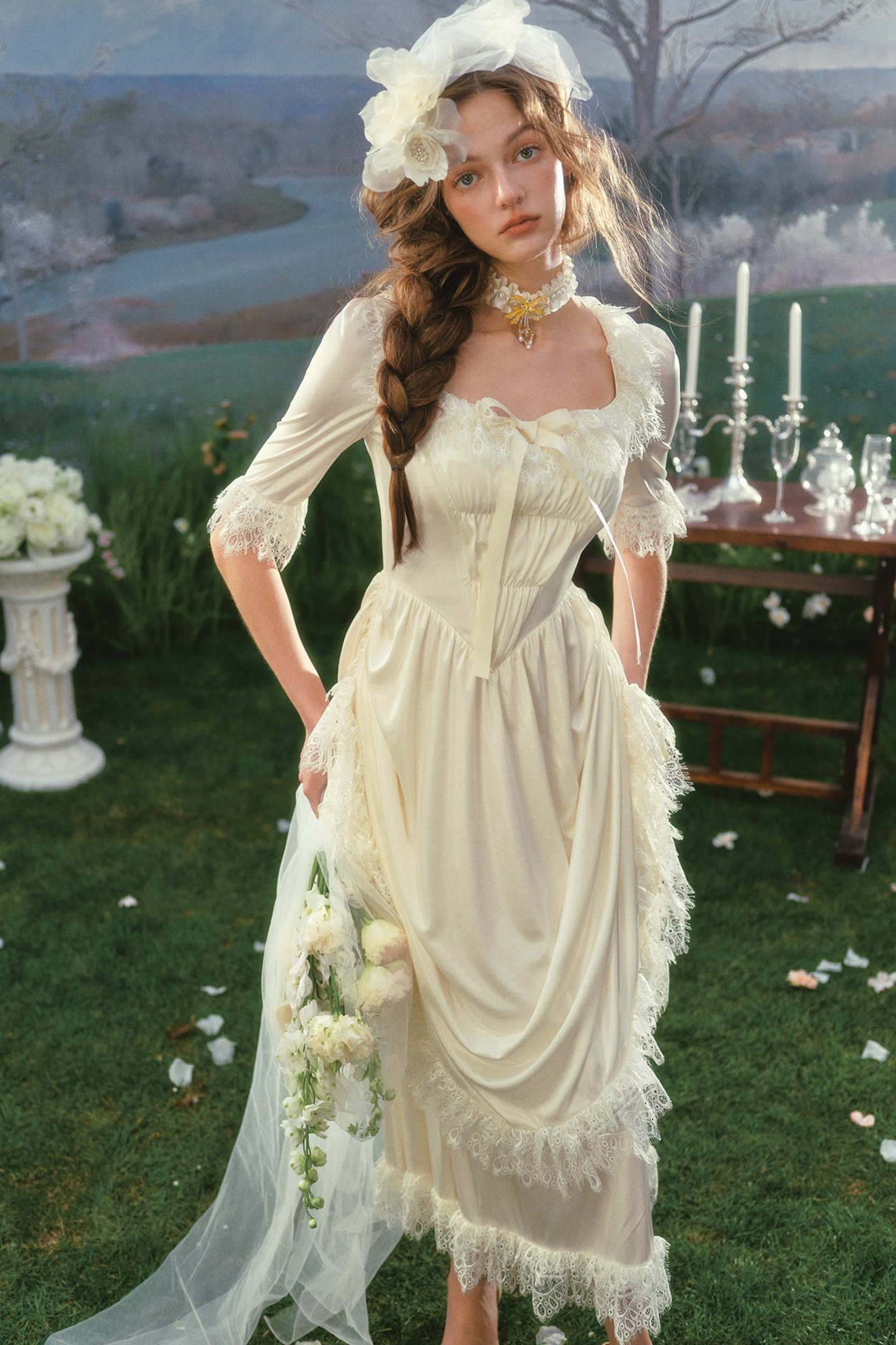 French Retro Satin Wedding Dress