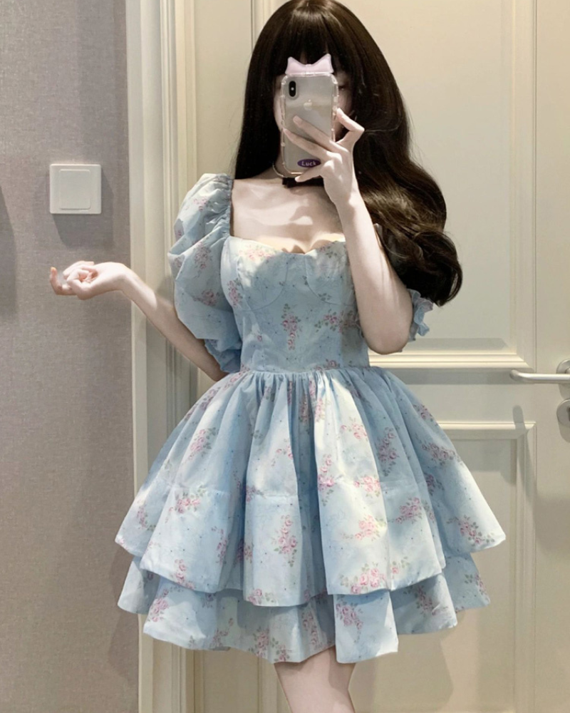 French Blue Puff Sleeve Coquette Floral Dress