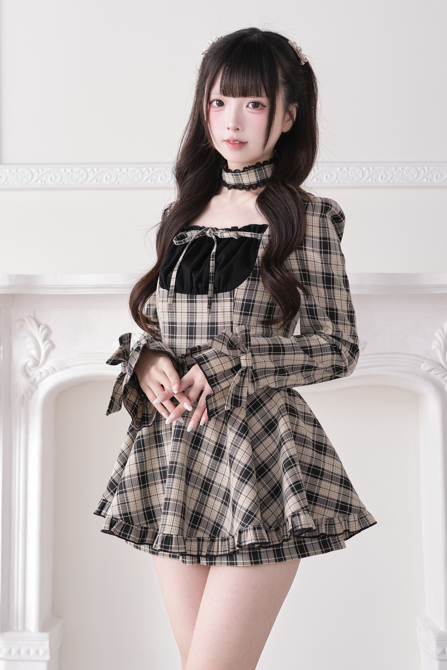 Check Ribbon Lace Dress
