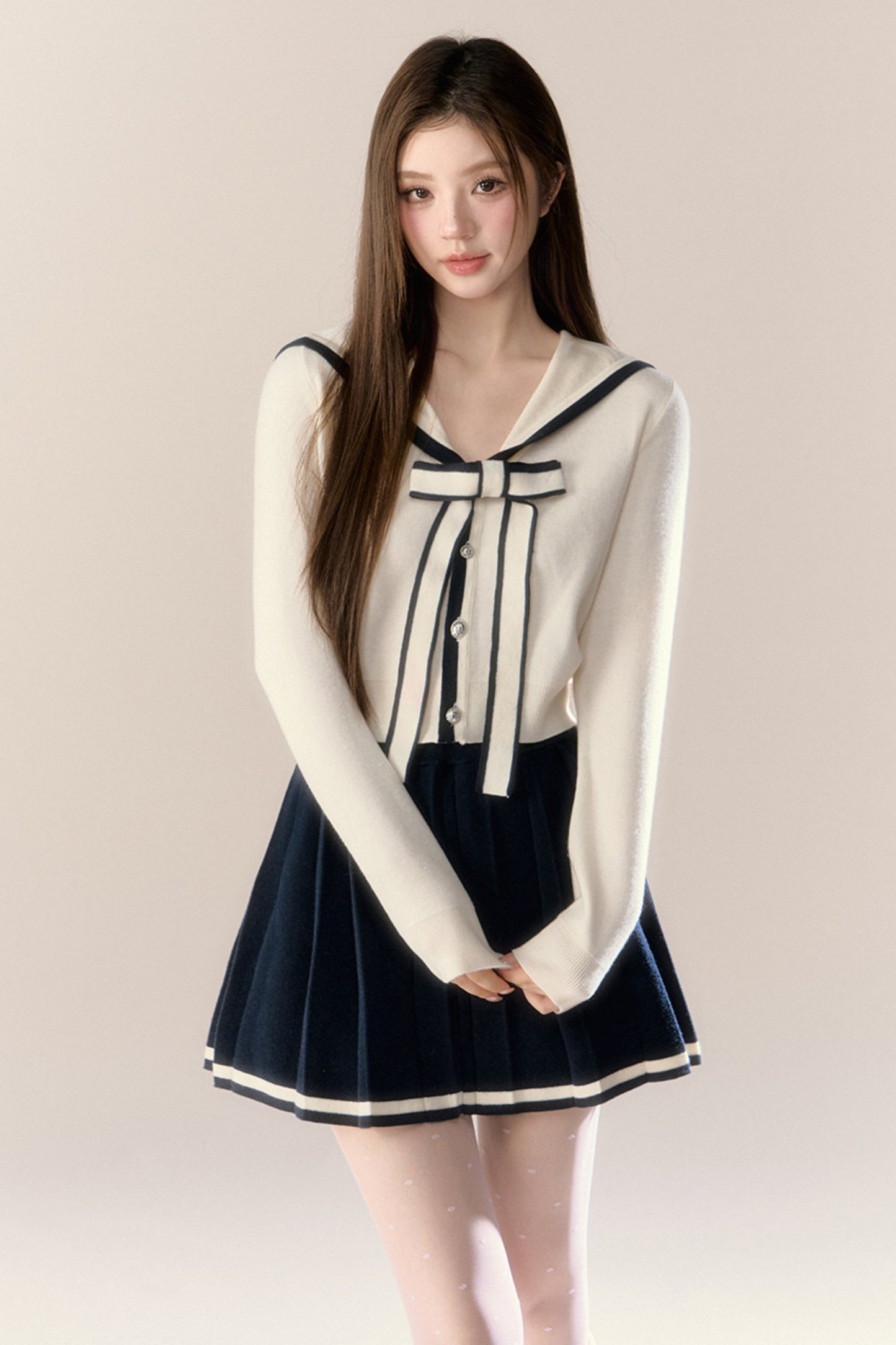 Sailor Ribbon Cardigan + Pleated Skirt