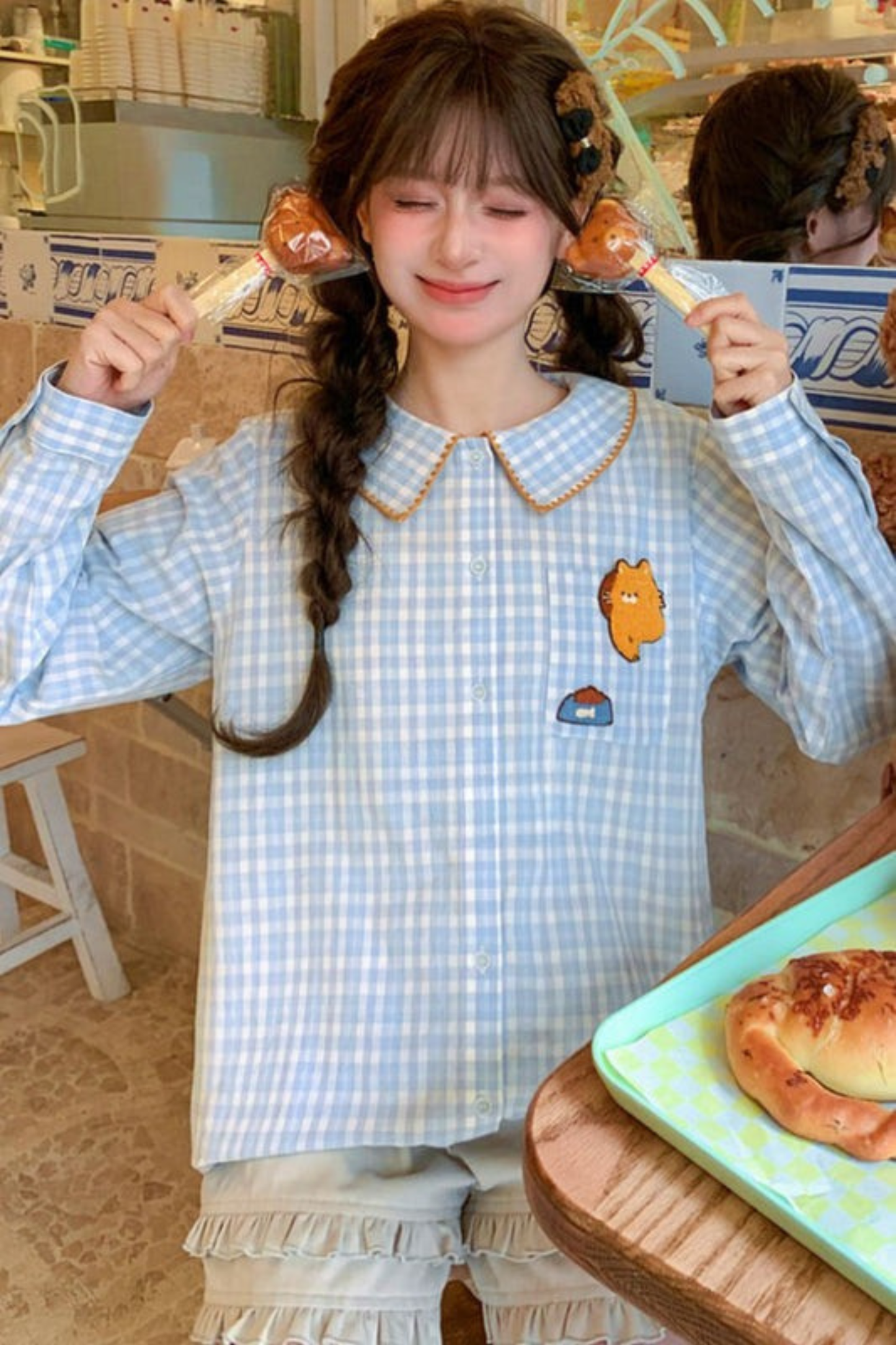 Cat Embroidered Plaid Blouse