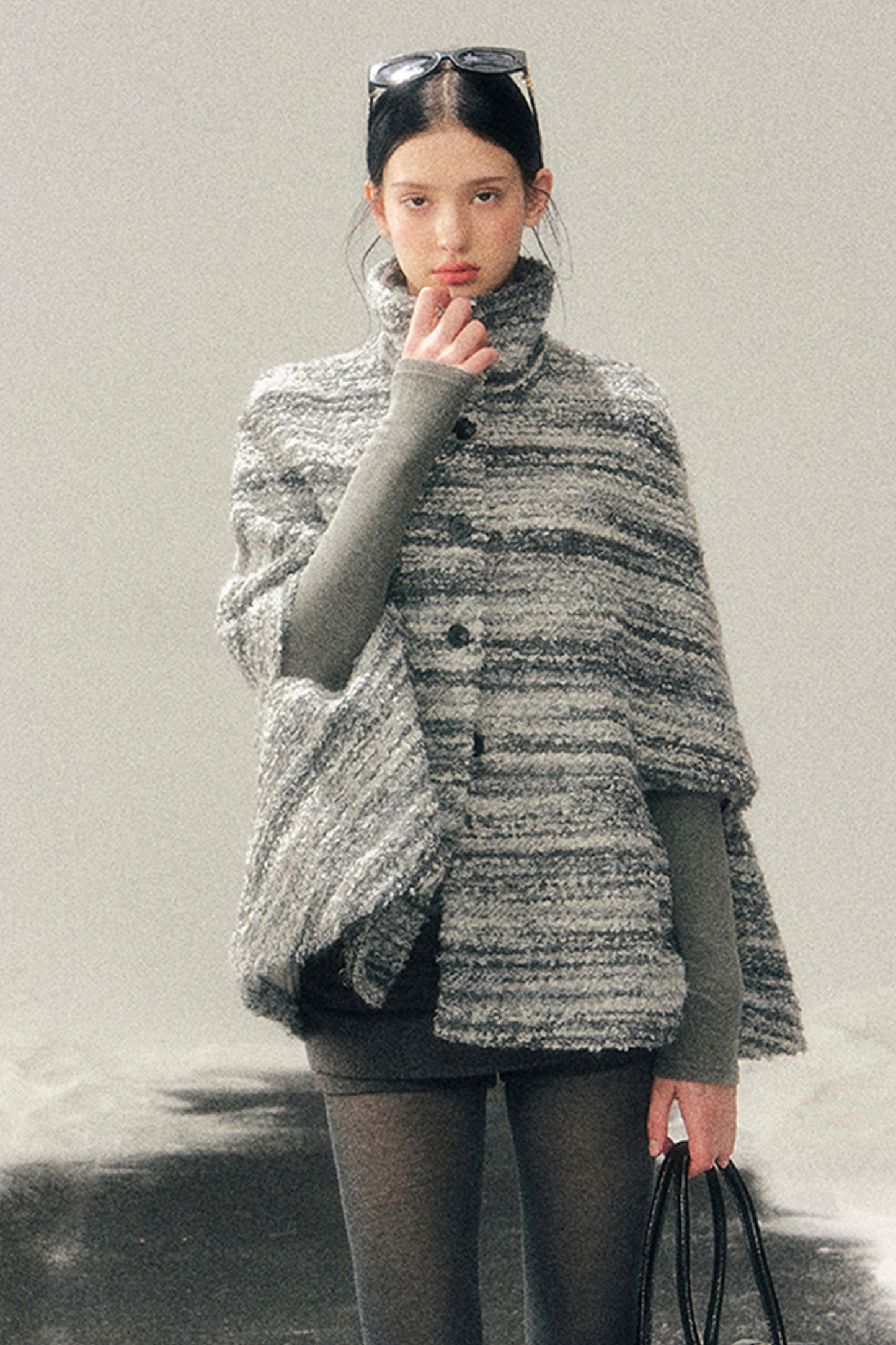 French Striped Wool Turtleneck Coat