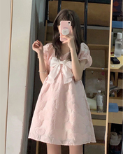 Load image into Gallery viewer, Sweet Pink Bow Princess Puff Sleeves Coquette Dress
