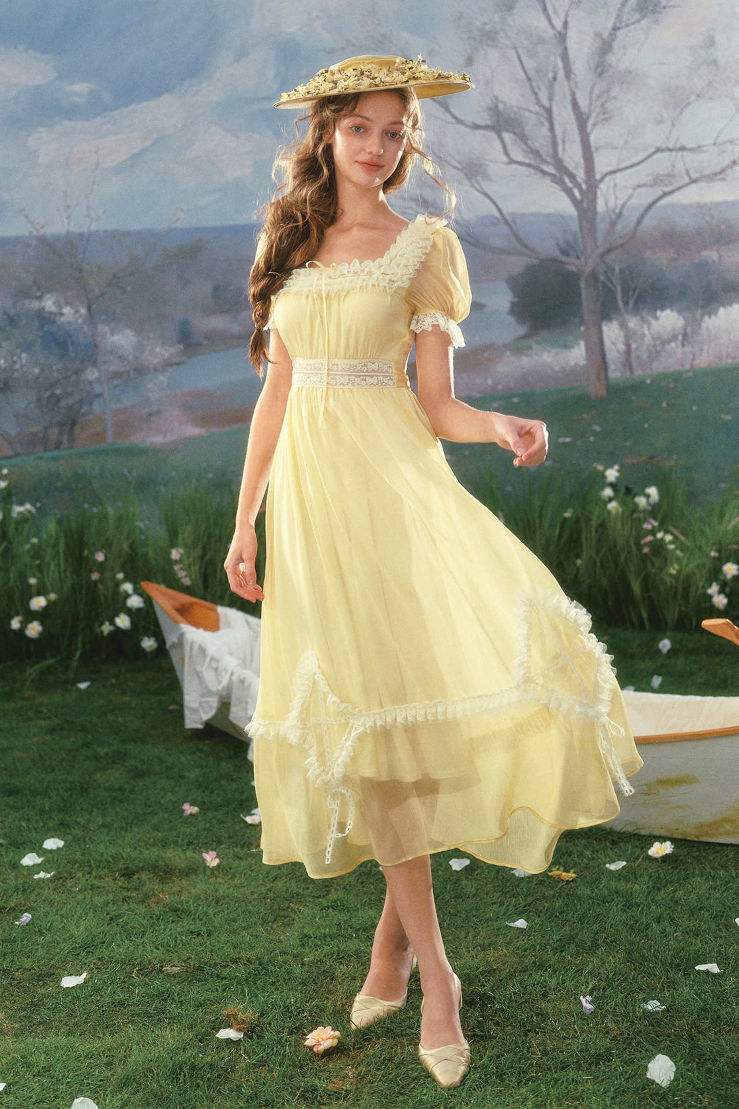 Lace Yellow Retro Long Dress