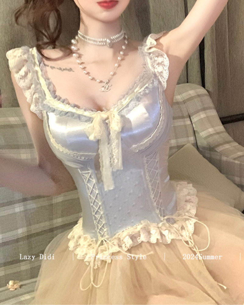 Anna Silver Blue Satin Lace Coord Set