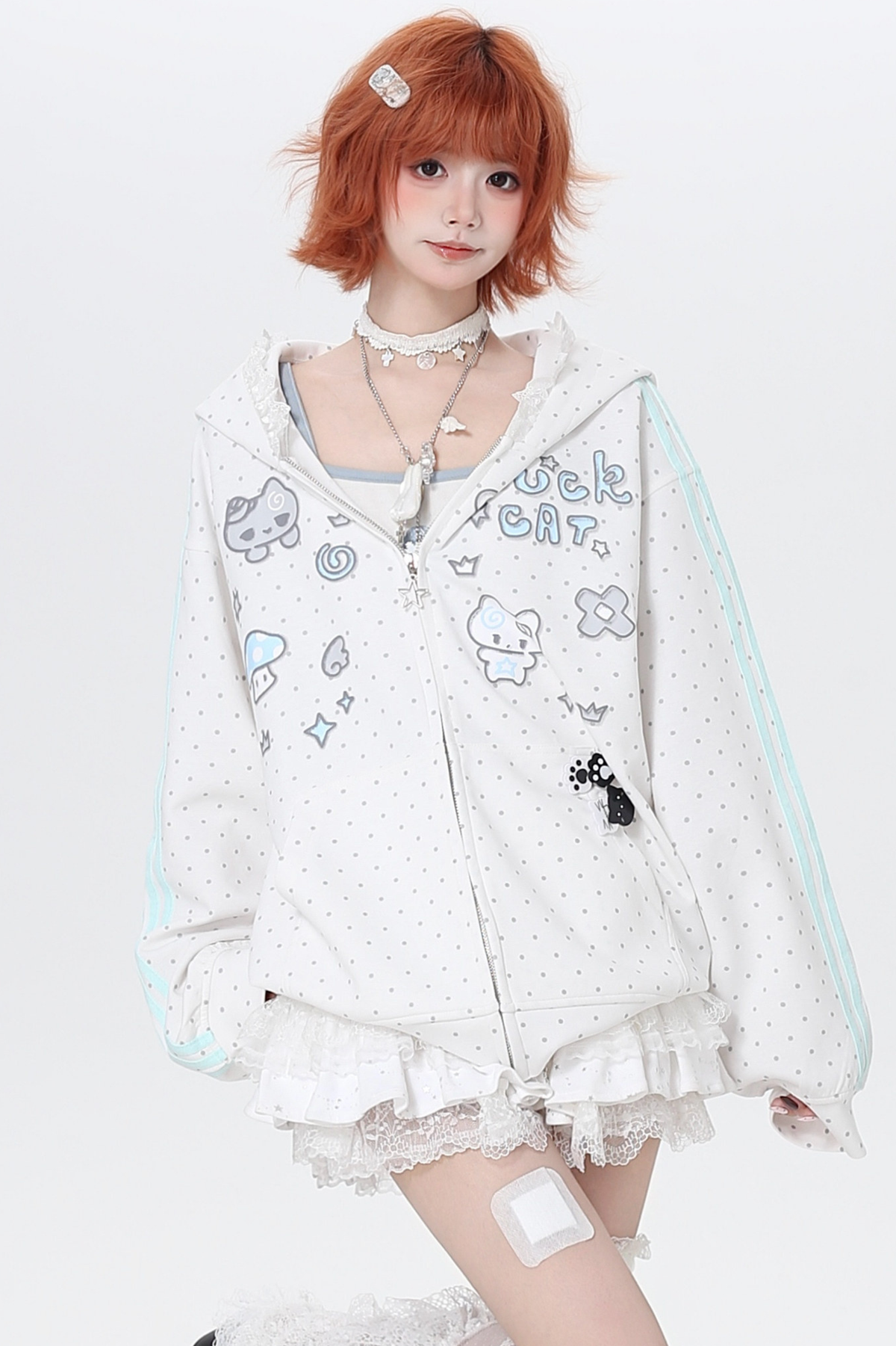 Polka Dot Loose Fit Hoodie Jacket