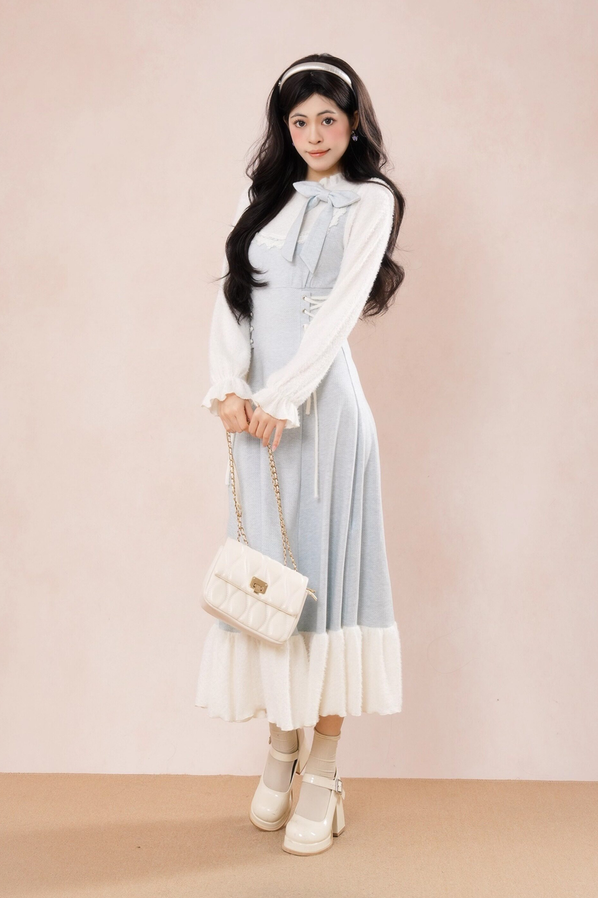 French Blue Ribbon Ruffle Dress