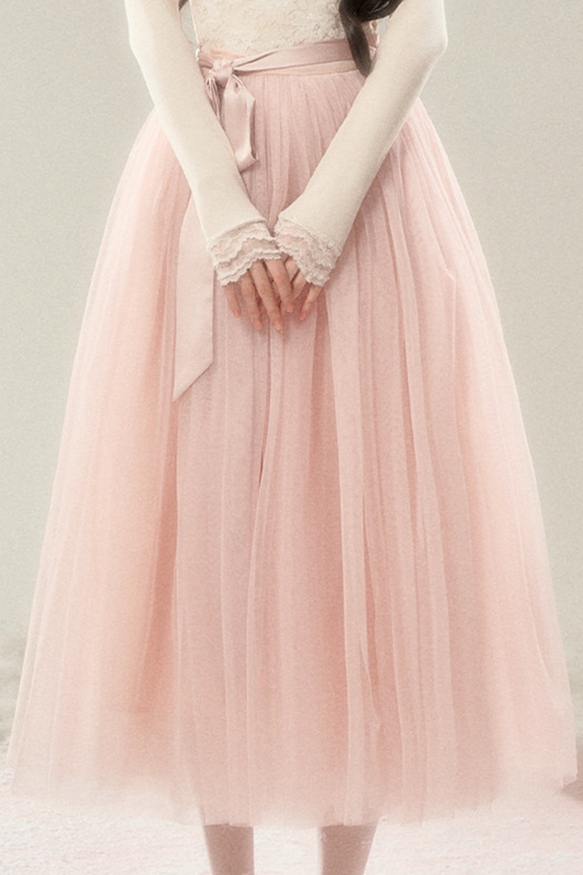 Noble French Lace Top + Flare Tulle Skirt Skirt【 Pink 】
