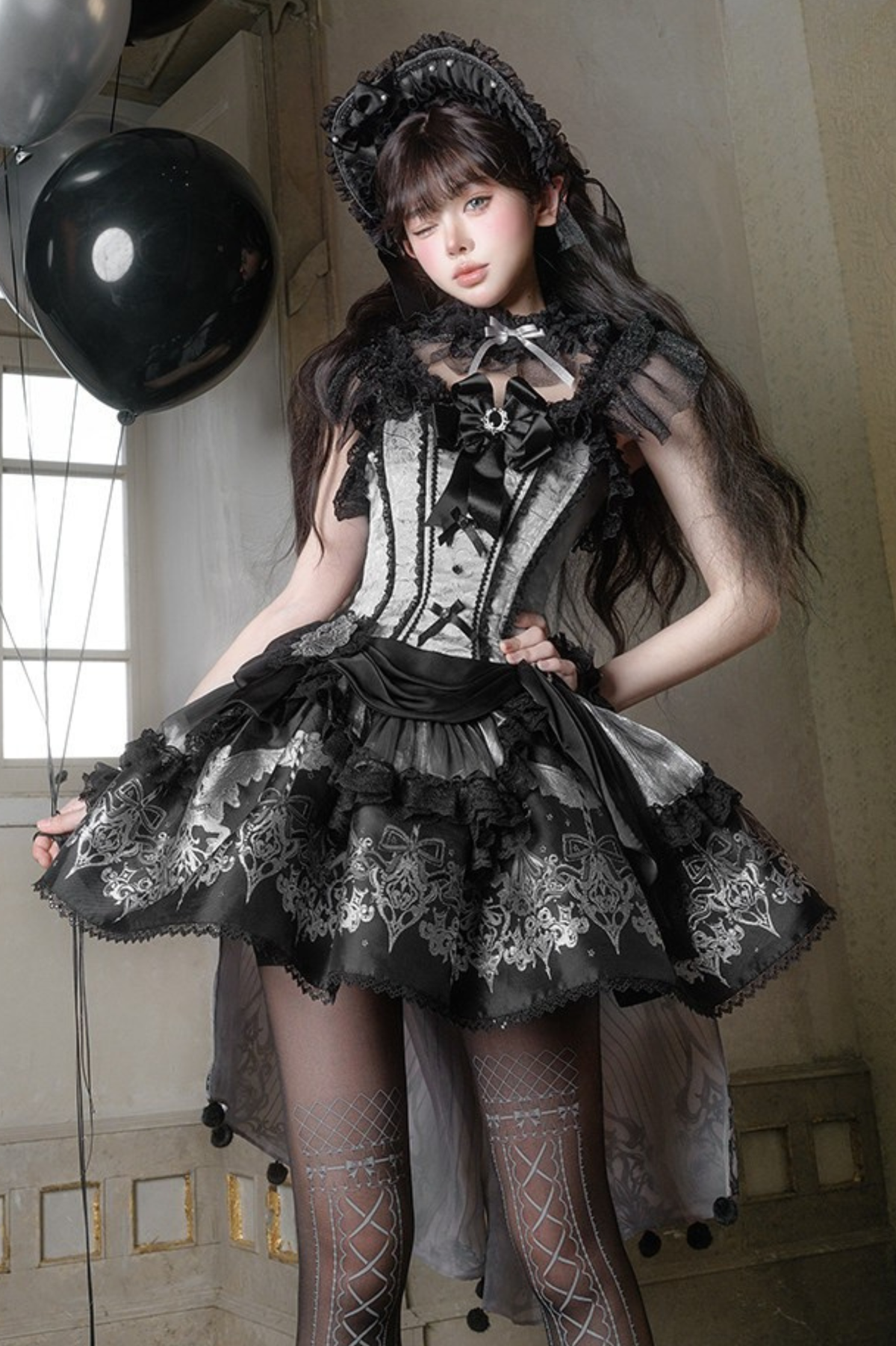 【Reservation Deadline February 28】Dark Silver Lace Lolita Dress + BNT + Neck Accessories