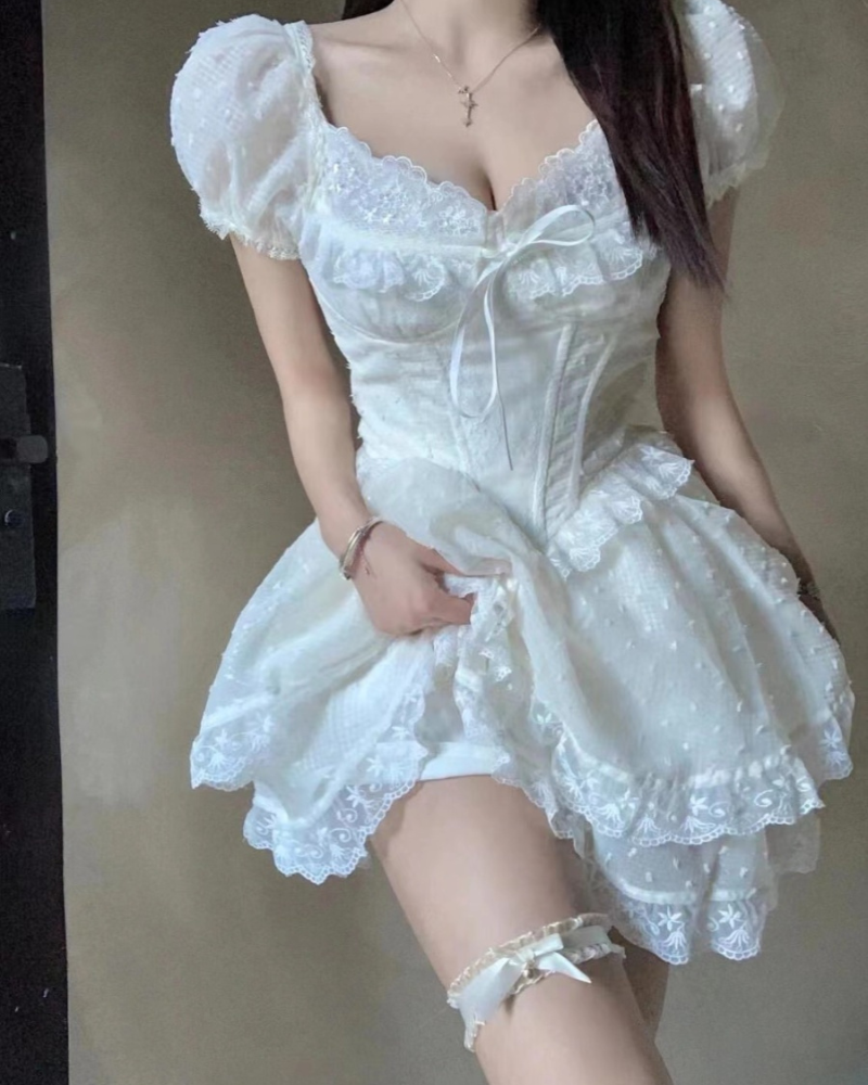 Forest Lace Puff-sleeved White Corset Dress