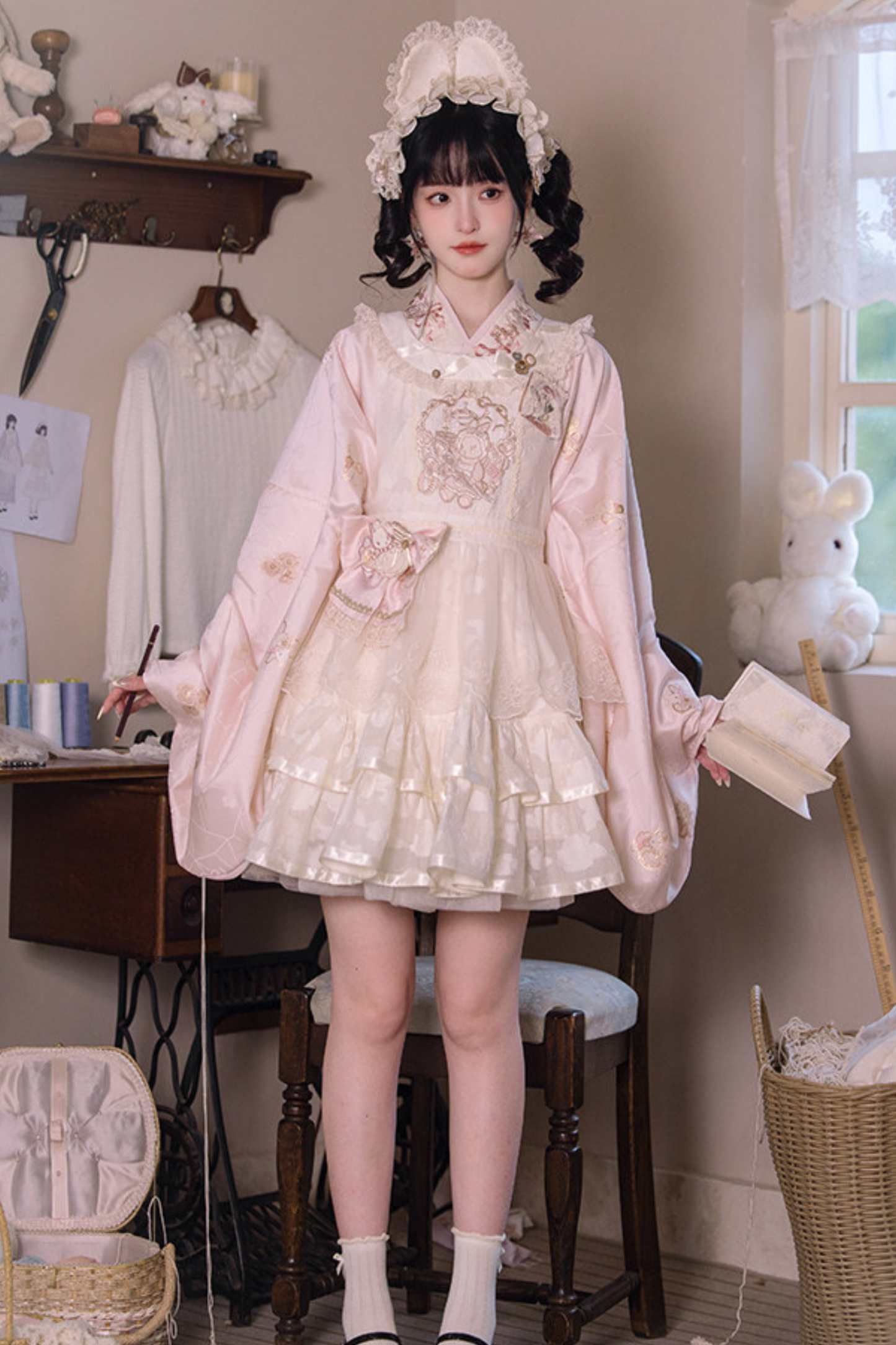 Chinese Pastel Top + Apron + Bow + Necklace + Brooch + Hair Accessories