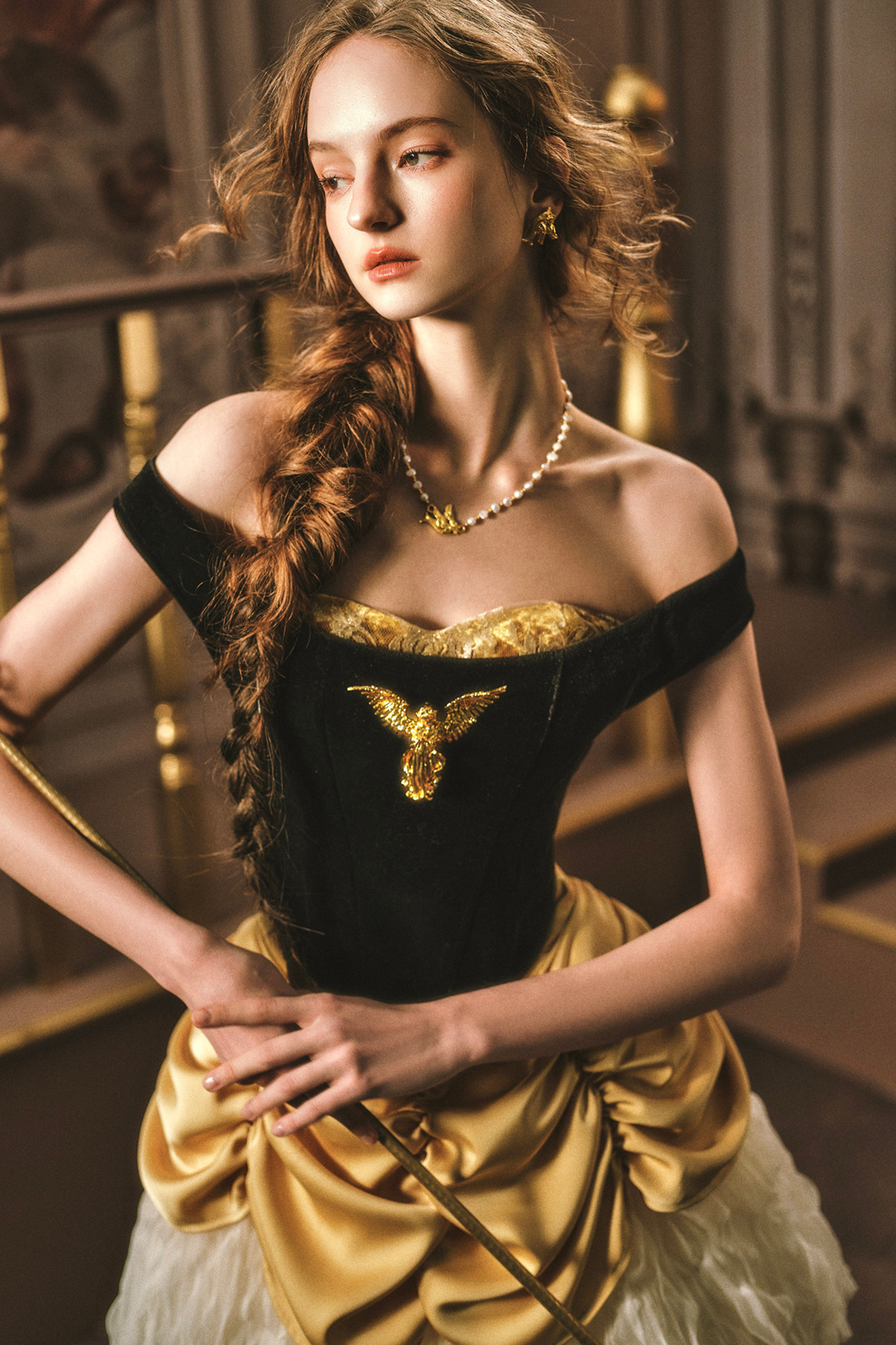 Golden Eagle Lace Corset Top + Skirt + Brooch