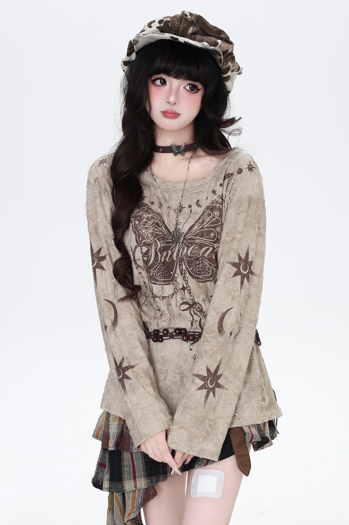 Butterfly Print Ripped Cover-Up Top Brown