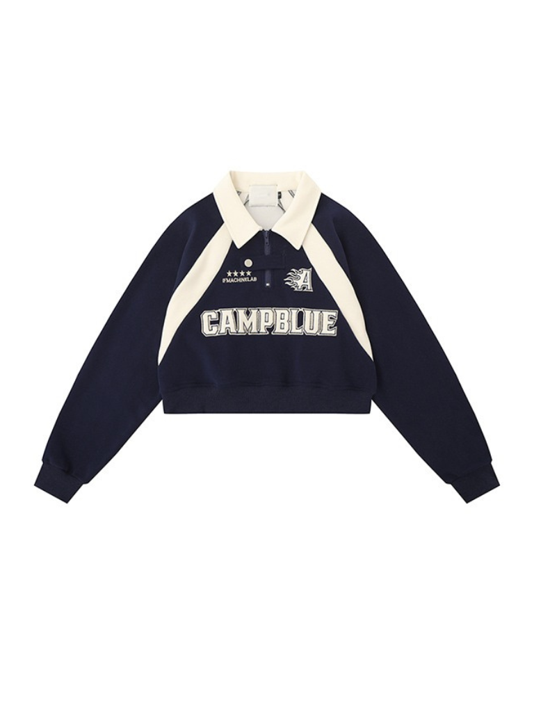 American Retro Block Color Polo Collar Loose Sweatshirt Dark blue (short section)