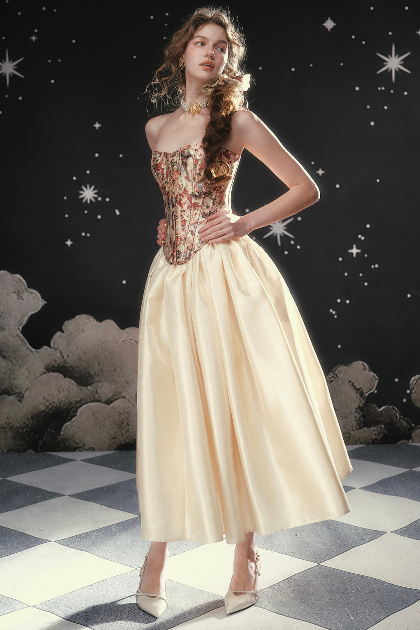 Antique Corset Top + Satin Flare Skirt